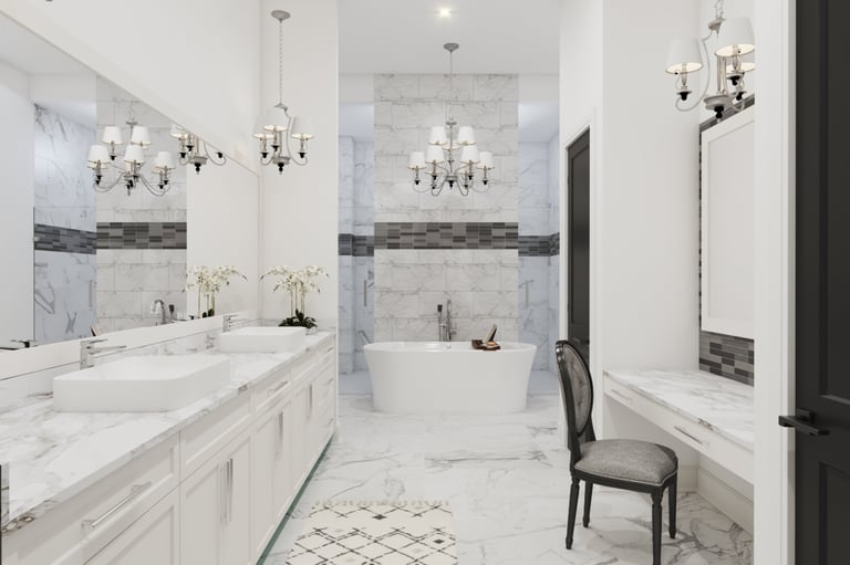 Luxurious bathroom with marble surfaces and modern freestanding bathtub