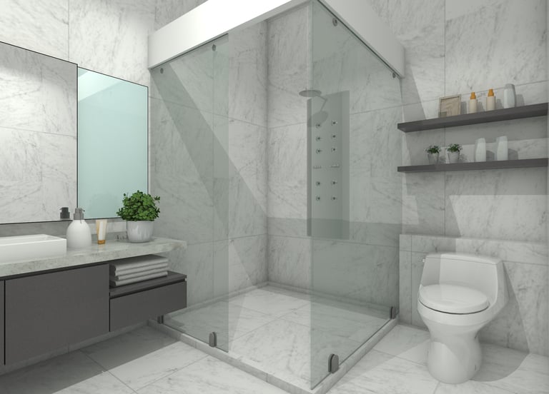 Modern 3D bathroom interior design with sink cabinets and storage drawers, a mirror panel, a toilet, and shower area