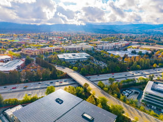 Aerial view of California city with urban neighborhoods