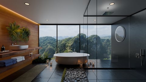 Luxury hotel-like bathroom with large bathtub next to glass wall with mountain and tree views, candles for warm ambiance